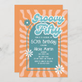 レトロSun WaveデイジーGroovy Green 50誕生日 招待状 (正面/裏面)