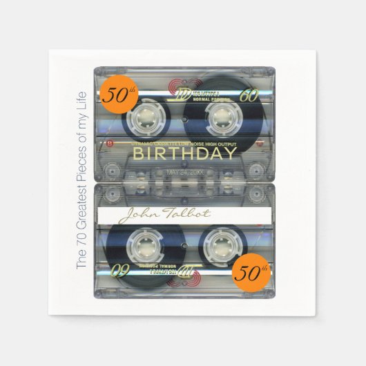 レトロT2 Audiotape 50th birthday パーソナライズされた PN スタンダードカクテルナプキン (正面)