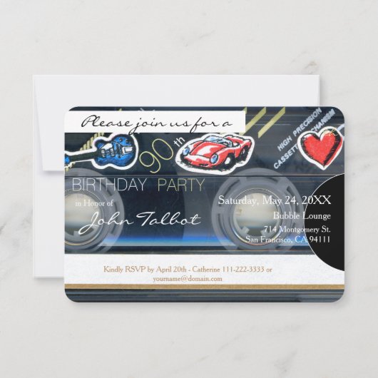 レトロT3オーディオテープ90th誕生日パーティーの招待 招待状 (裏面)