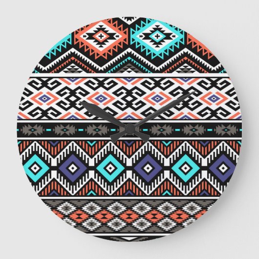 レトロTribal Navajo：幾何学的シームレス。 ラージ壁時計 (正面)