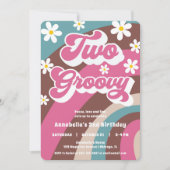 レトロTWO groovy 2nd誕生日ガールピンクティール(緑がかった色) 招待状 (正面)