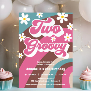 レトロTWO groovy 2nd誕生日ガールピンクティール(緑がかった色) 招待状