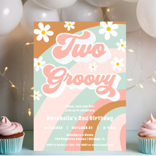 レトロTWO groovy 2nd誕生日パステルデイジーガール 招待状