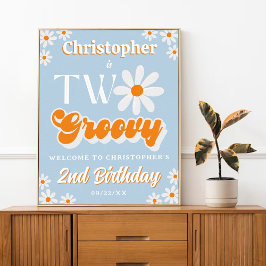 レトロTwo Groovy Boys 2nd Birthday Welcome ポスター