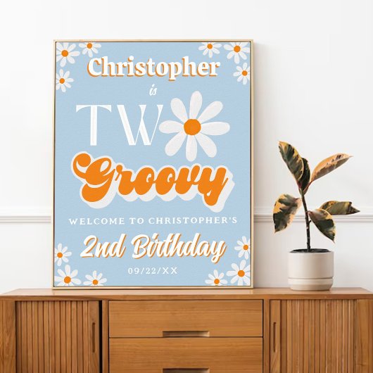 レトロTwo Groovy Boys 2nd Birthday Welcome ポスター