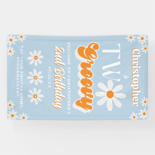 レトロTwo Groovy Boys 2nd Birthday Welcome 横断幕 (横)