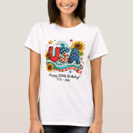 レトロUSA生誕250周年 ひまわりと波のグラフィック Tシャツ