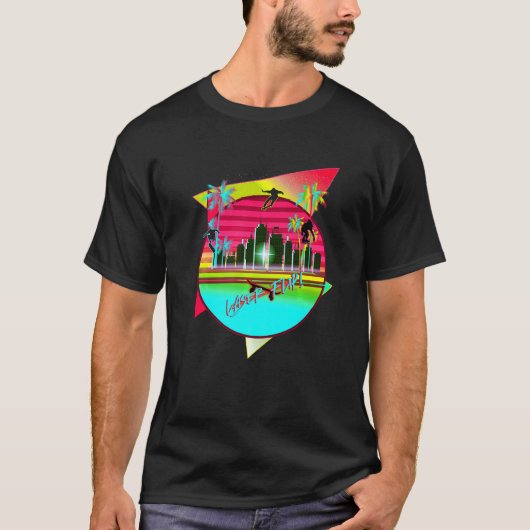 レトロVAPORWAVEスケートボード90sレーザーフリップスケートで滑る Tシャツ (正面)