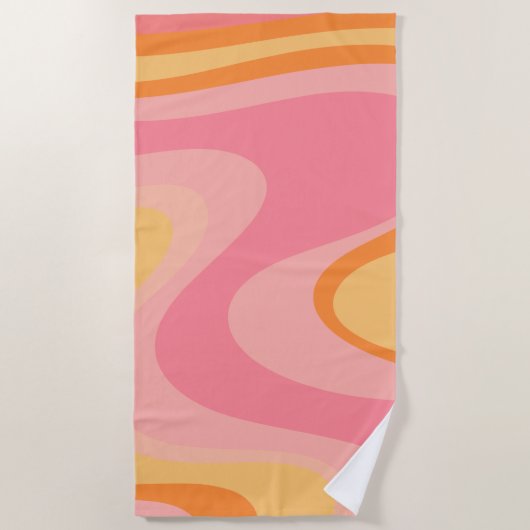 レトロVibe抽象芸術スワール60s 70sピンクとオレンジ ビーチタオル (正面)