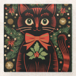レトロXmas猫 ガラスコースター