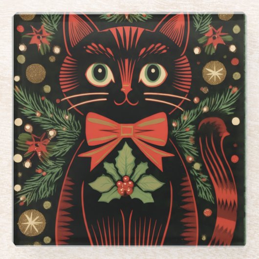 レトロXmas猫 ガラスコースター (正面)