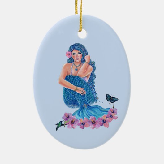 レニーの花とハミングバードアートを持つ人魚 セラミックオーナメント (裏面)
