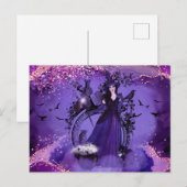 レニー・ラヴォワによるハロウィーンの魔女の猫アート ポストカード (正面/裏面)