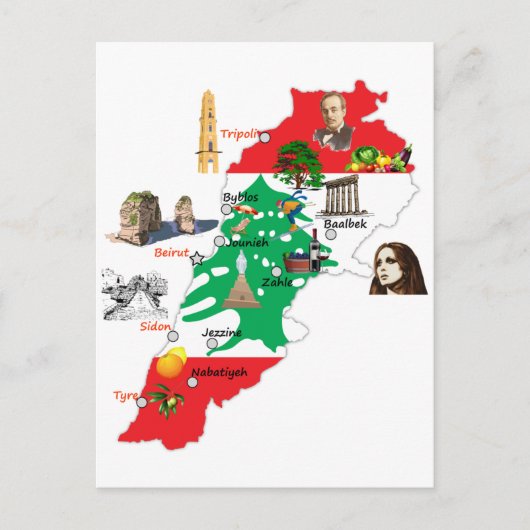 レバノンの地図と主要都市名（レバノン語） ポストカード (正面)
