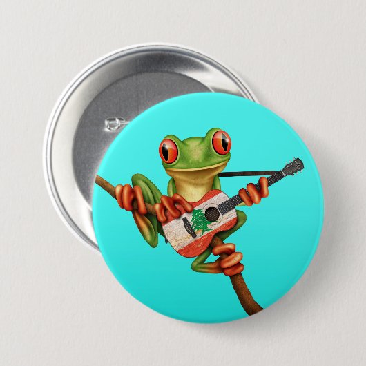 レバノンの旗のギターの青を遊んでいるアマガエル 缶バッジ (正面&裏面)