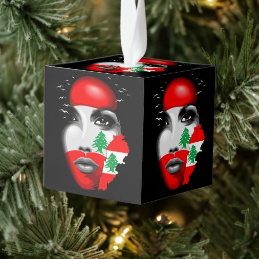 レバノン国旗と少女の顔の地図 キューブオーナメント (ツリー)