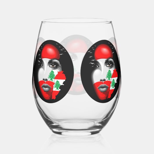 レバノン国旗と少女の顔の地図 ステムなしワイングラス (右)