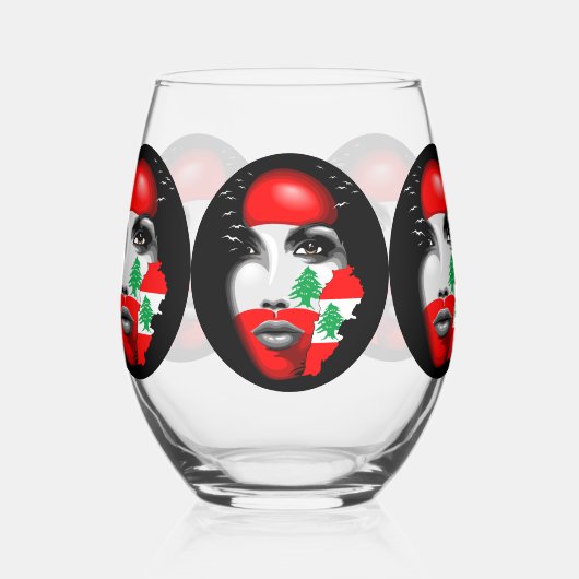 レバノン国旗と少女の顔の地図 ステムなしワイングラス (左)
