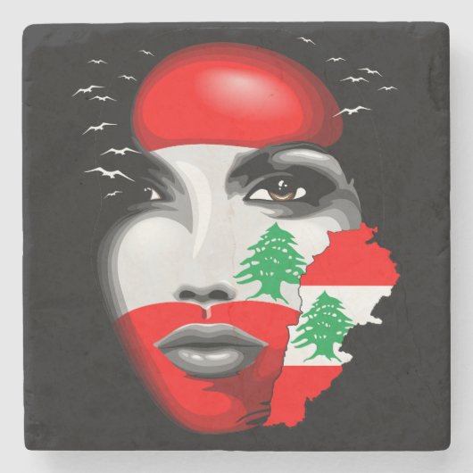 レバノン国旗と少女の顔の地図 ストーンコースター (正面)