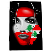 レバノン国旗と少女の顔の地図 ミディアムペーパーバッグ (正面)