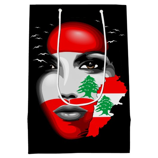 レバノン国旗と少女の顔の地図 ミディアムペーパーバッグ (裏面)
