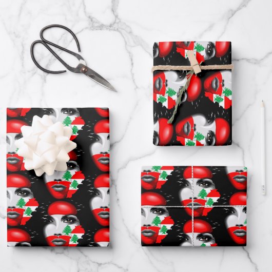 レバノン国旗と少女の顔の地図 ラッピングペーパーシート (正面)