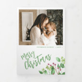 レビューの年の写真数々の緑メリークリスマス 三つ折りクリスマスカード (カバー)