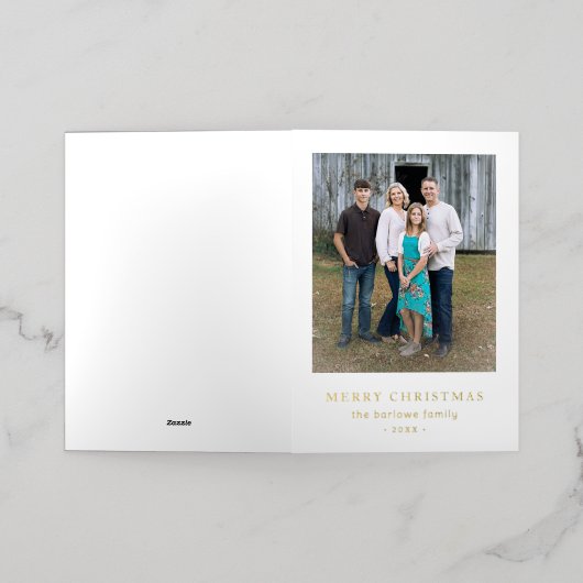 レビューシンプルの年フォトクリスマスモダン写真 箔シーズンカード (外側レイダウン)