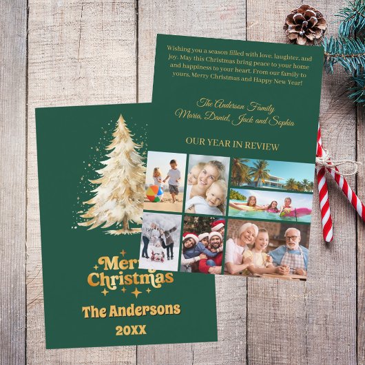 レビュー中のクリスマスツリー雪の緑の写真年 シーズンカード