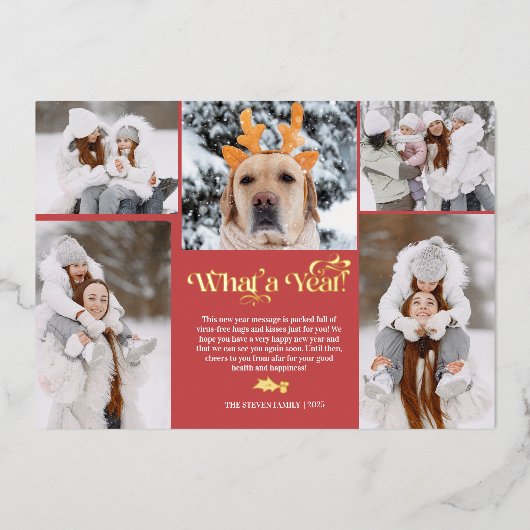 レビュー5フォトコラージンググリッドの赤い新年 箔シーズンカード (正面)