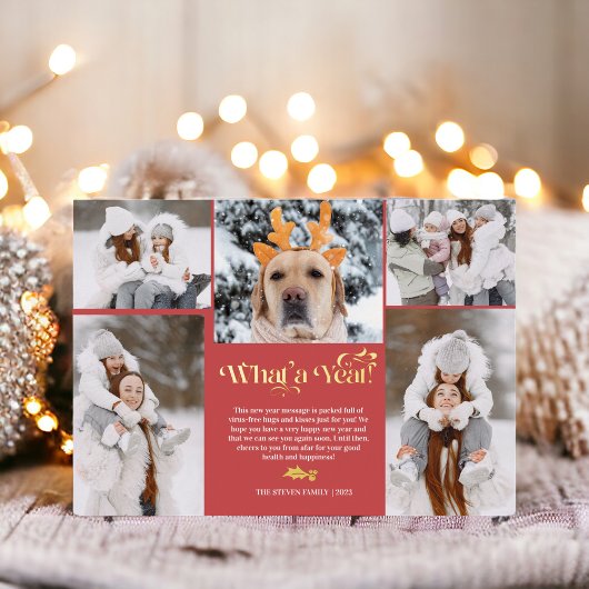 レビュー5フォトコラージンググリッドの赤い新年 箔シーズンカード