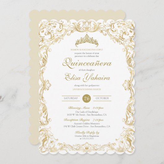 レファンシーガルホワイト金ゴールドエレガントキンセアニェラ 招待状 (正面/裏面)