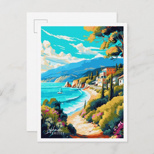 レフカダギリシャヴィンテージ旅行イラストレーション ポストカード (正面/裏面)
