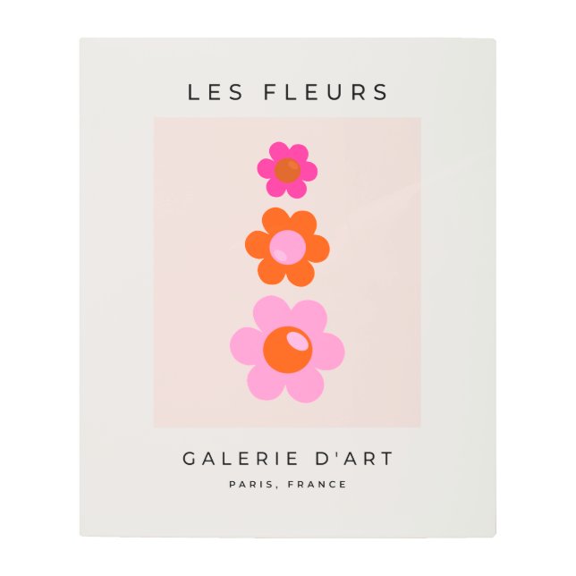 レフルーア01レトロフローラピンクとオレンジ色の花 メタルプリント (正面)
