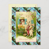 レプリカヴィンテージイースターカード、卵を持つウサギ シーズンポストカード (正面/裏面)