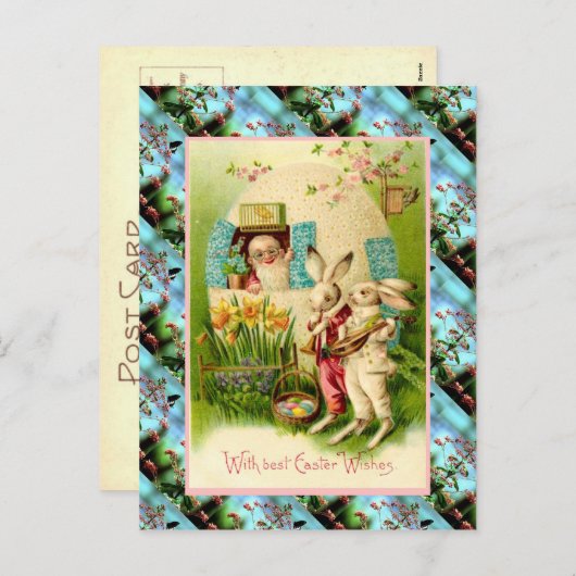 レプリカヴィンテージイースターカード、卵を持つウサギ シーズンポストカード (正面/裏面)