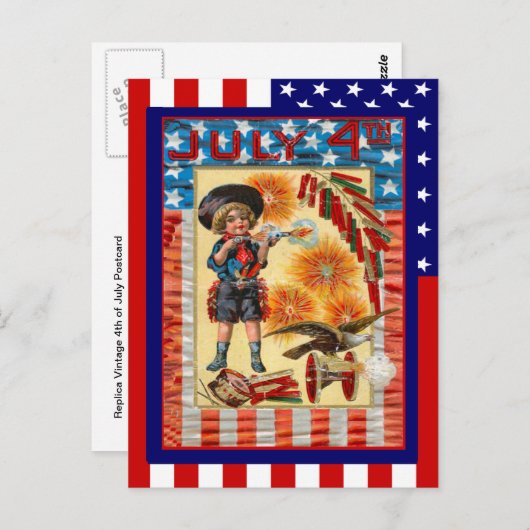 レプリカヴィンテージ7月4日、少年と玩具大砲 ポストカード (正面/裏面)