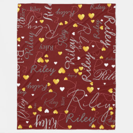 レプリケートされた名前のイニシャルと金ゴールドハートの濃い赤 フリースブランケット