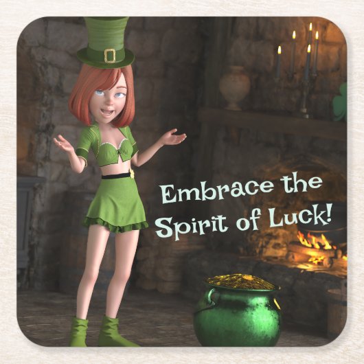 レプレシャン漫画ガール金ゴールドのポットの隣 スクエアペーパーコースター (正面)