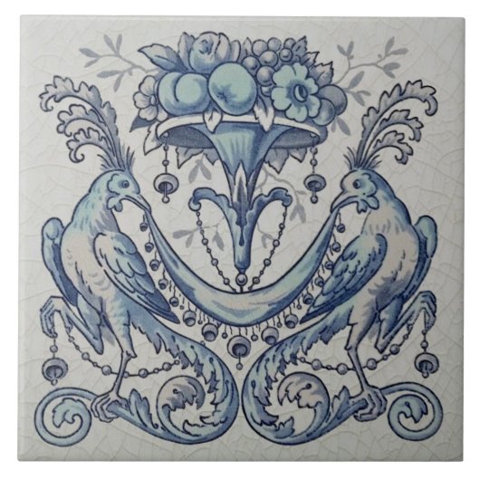 レプロアンティークミントンホリンズバードフルーツブルー タイル (正面)