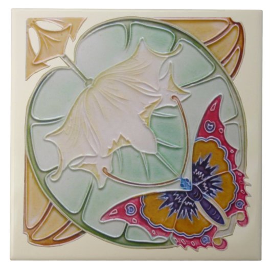 レプロレアベルギーアールヌーボー蝶フローラ タイル (正面)