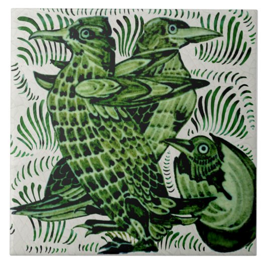 レプロ·デ·モルガン鳥と雛のふ化手描き タイル (正面)