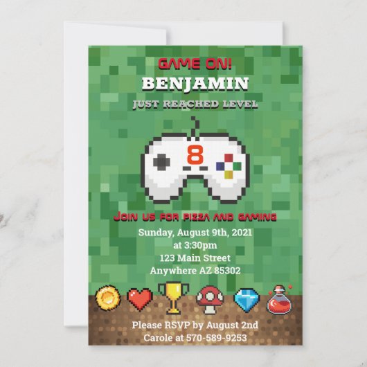 レベルアップアーケードゲーム誕生日パーティーの招待 招待状 (正面)