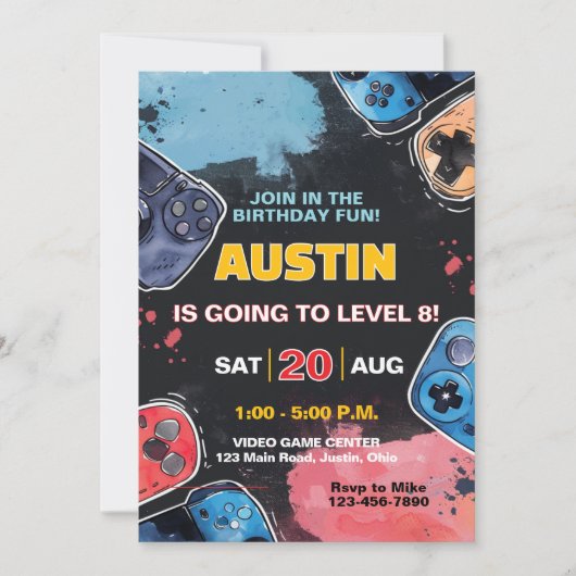 レベルアップゲーマー任意の年齢の少年や女の子の誕生日 招待状 (正面)