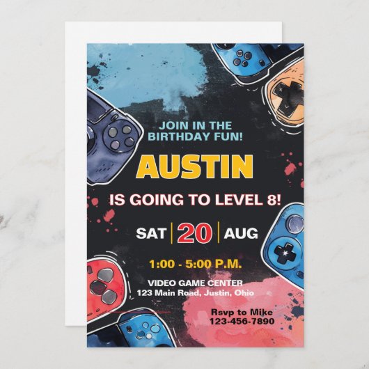 レベルアップゲーマー任意の年齢の少年や女の子の誕生日 招待状 (正面/裏面)