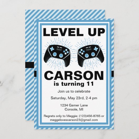 レベルアップパーソナライズされたゲーマーピザパーティー誕生日 招待状 (正面/裏面)