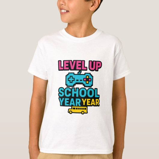 レベルアップ学年 ゲーマー スクールバス 新学期 Tシャツ (正面)