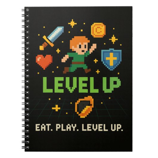 レベルアップ ゲーマーズノート – レトロピクセルゲーミングデザイン ノートブック (正面)