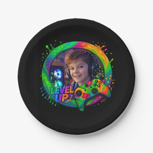 レベルアップ！ゲーマー テーマのカスタム フォト 紙皿 (正面)