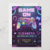 レベルアップ ゲーミング バースデー ネオン ビデオゲーム バースデー 招待状 (正面)